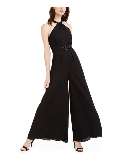 CALVIN KLEIN Womens Black Embellished Sheer Lined Sleeveless Halter Evening Wide Leg Jumpsuit 12