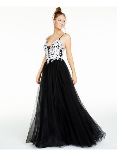 BLONDIE Womens Black Embellished Zippered Mesh Floral-applique Gown Spaghetti Strap V Neck Full-Length Prom Dress 9