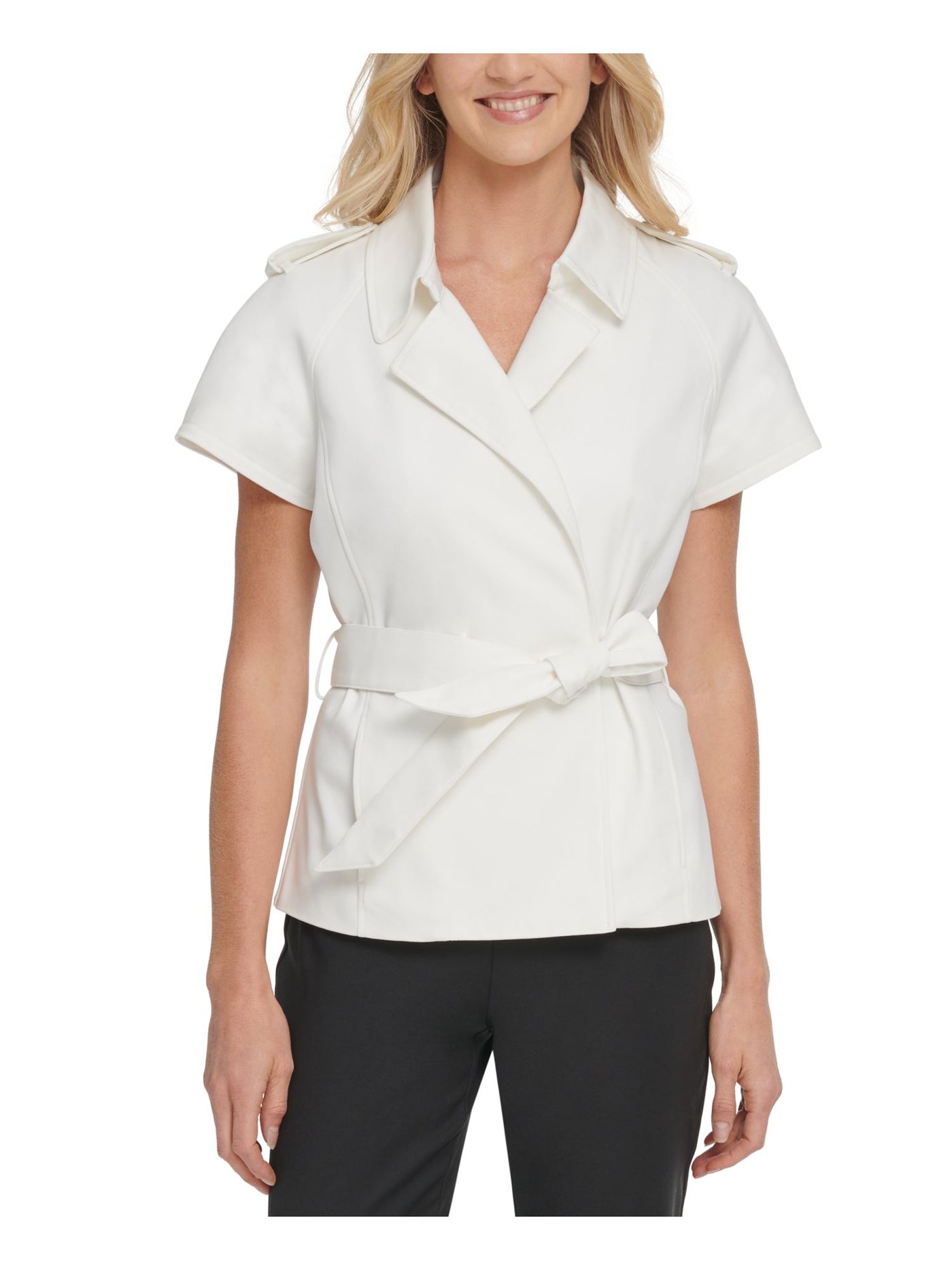 DKNY Womens White Belted Cap Sleeve Collared Wrap Top XL