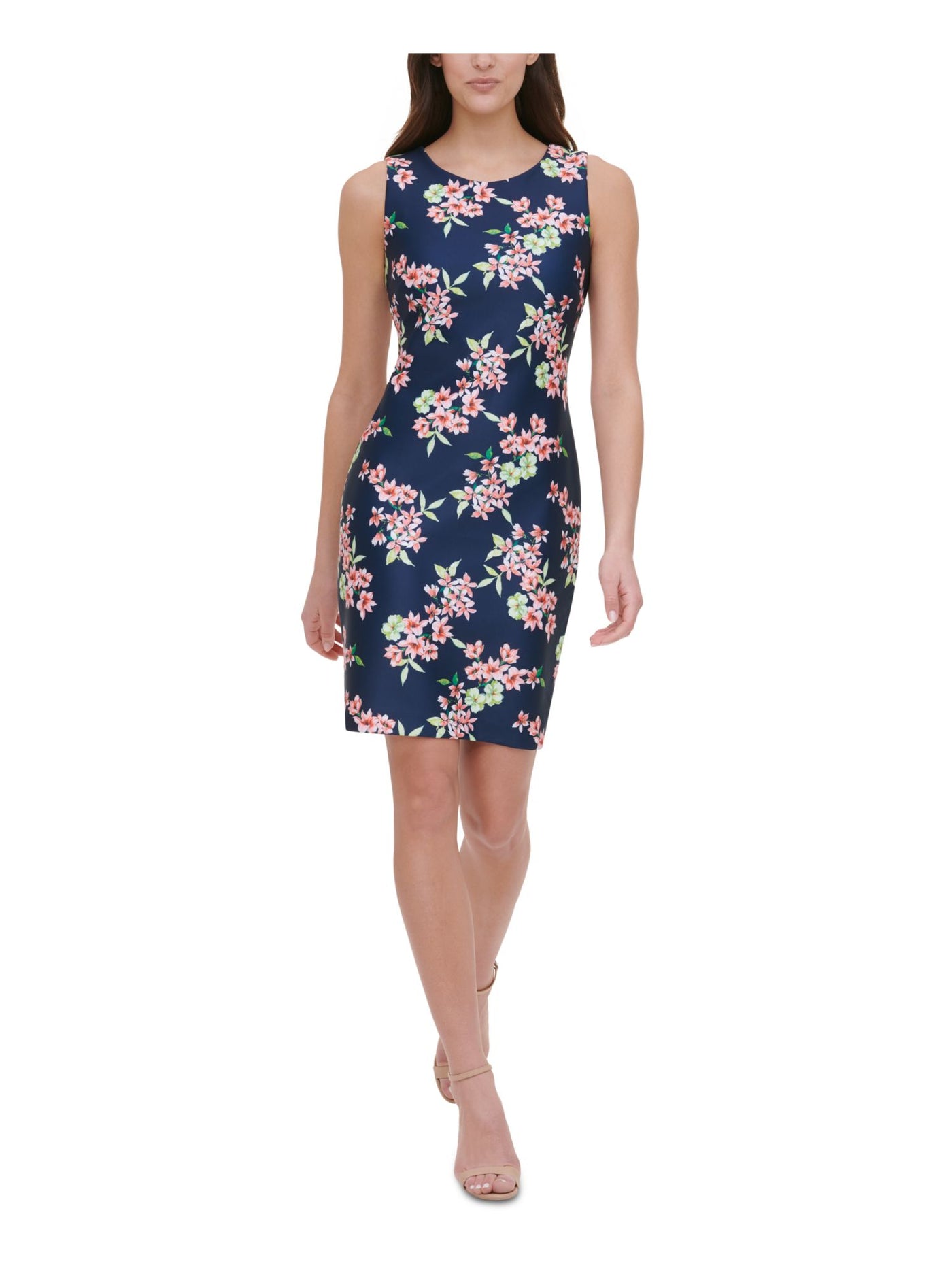 TOMMY HILFIGER Womens Navy Floral Sleeveless Jewel Neck Above The Knee Fit + Flare Dress 2