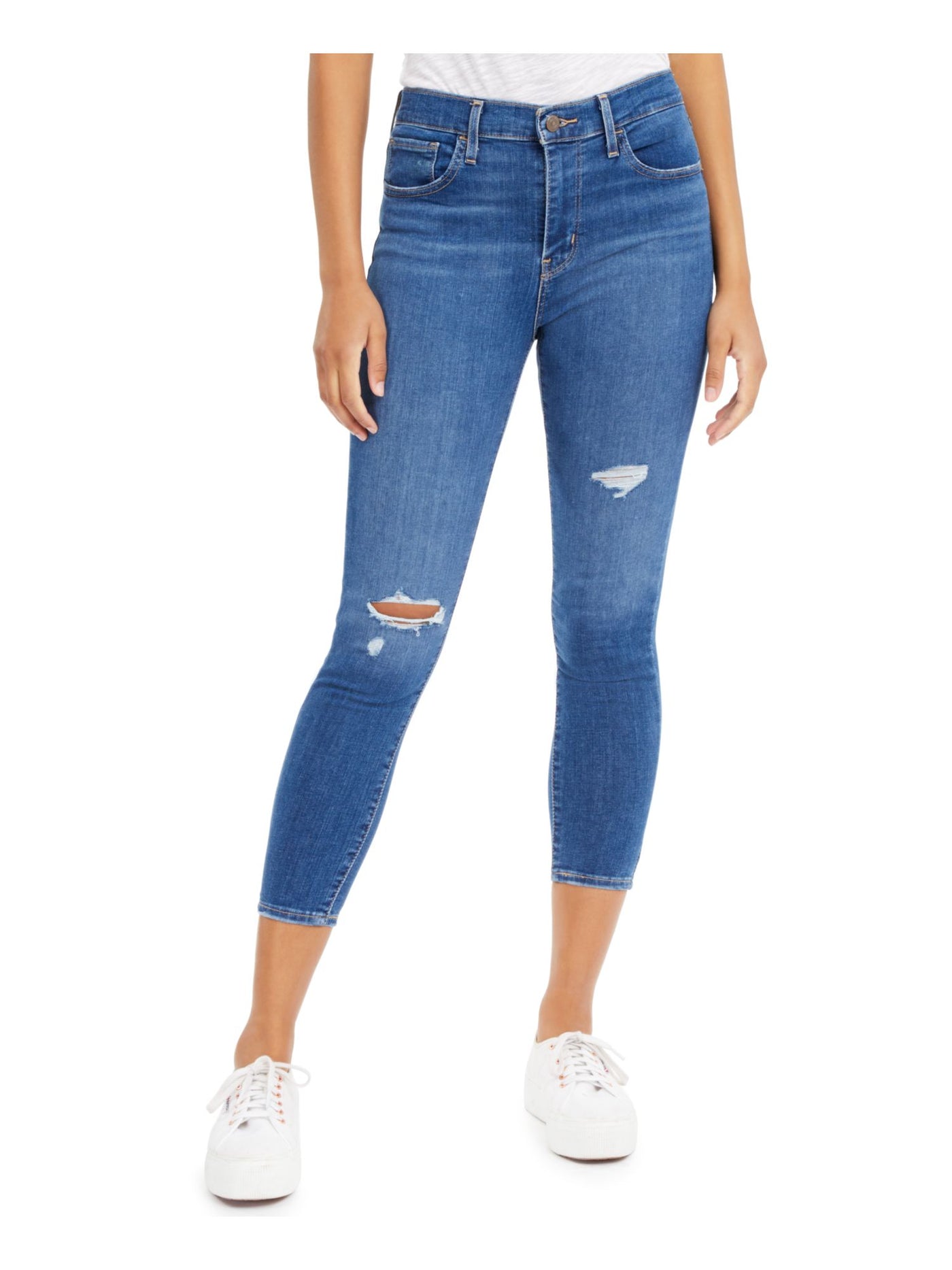 LEVI STRAUSS & CO Womens Navy Denim Zippered Pocketed Distressed Super-skinny Cropped Jeans W25