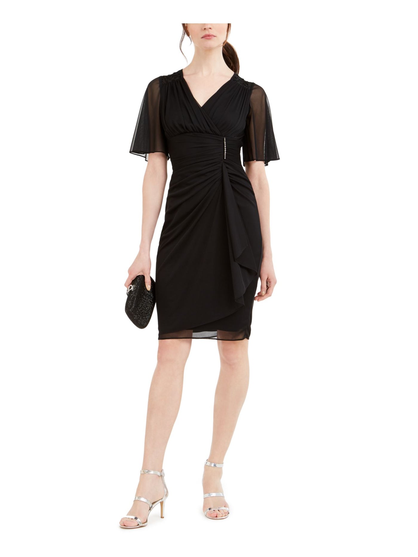 B&A  BY BETSY & ADAM Womens Black Embellished V Neck Short Cocktail Sheath Dress 6