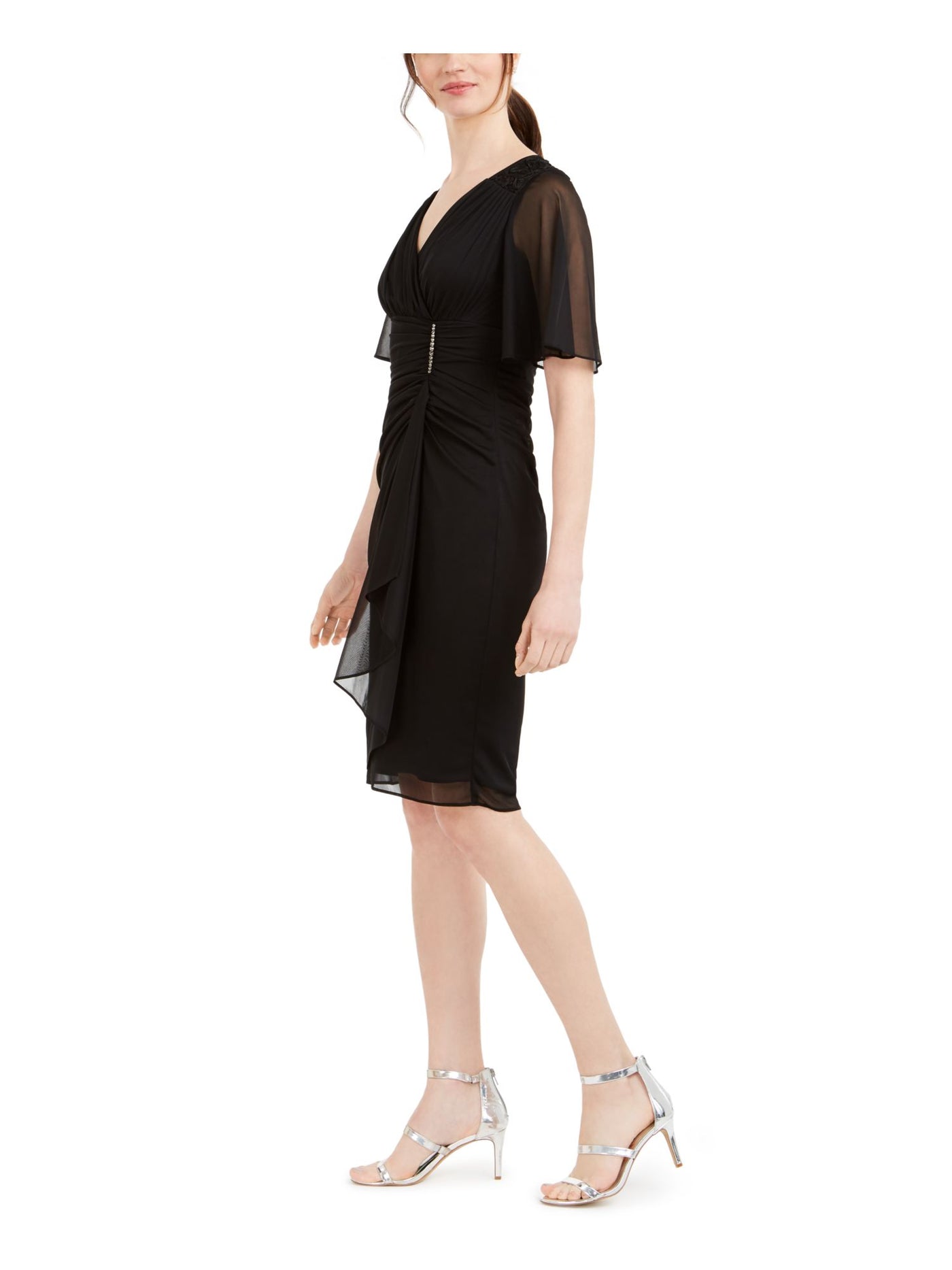 BETSY & ADAM Womens Black Flutter V Neck Short Sheath Cocktail Dress Size: 6