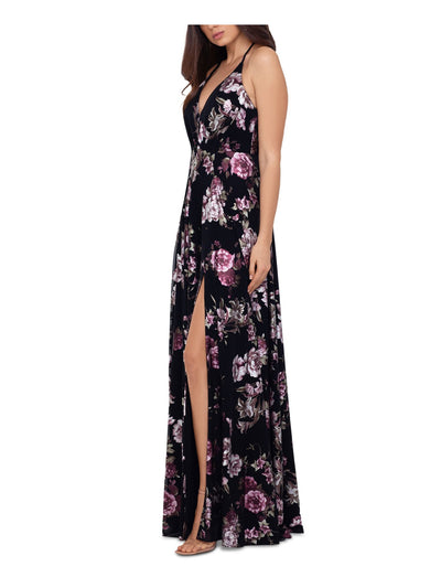 BETSY & ADAM Womens Black Ruched Slitted Open Back Floral Sleeveless V Neck Full-Length Evening A-Line Dress 0