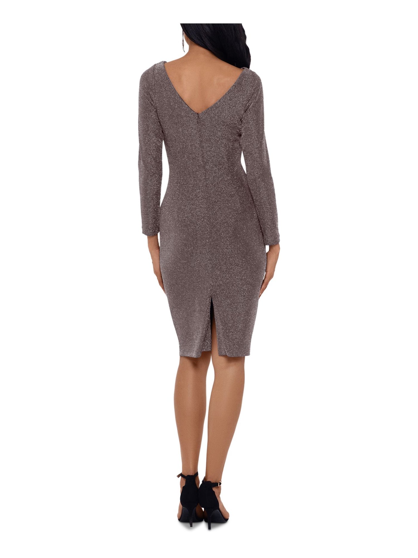 BETSY & ADAM Womens Brown Textured Shimmering Long Sleeve Jewel Neck Above The Knee Cocktail Body Con Dress 16