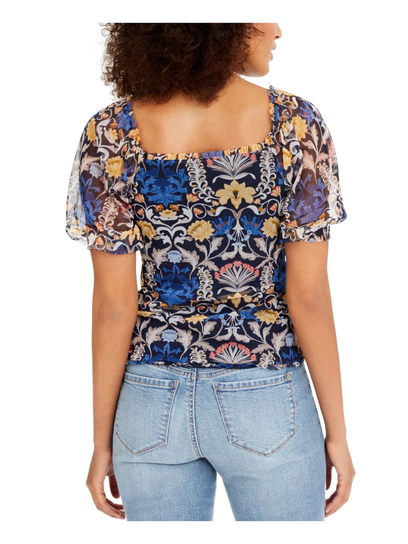 INC Womens Navy Floral Short Sleeve V Neck Top XS