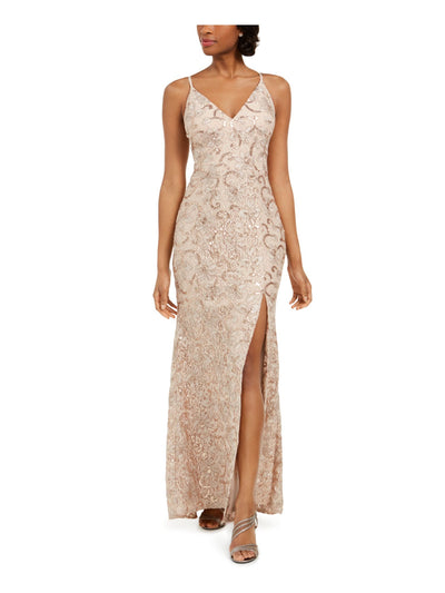 VINCE CAMUTO Womens Sequined Slitted Spaghetti Strap V Neck Full-Length Formal Sheath Dress