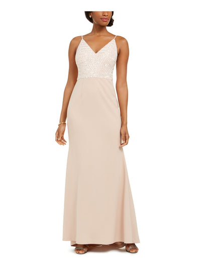 VINCE CAMUTO Womens Pink Sequined Spaghetti Strap V Neck Full-Length Evening Fit + Flare Dress 4