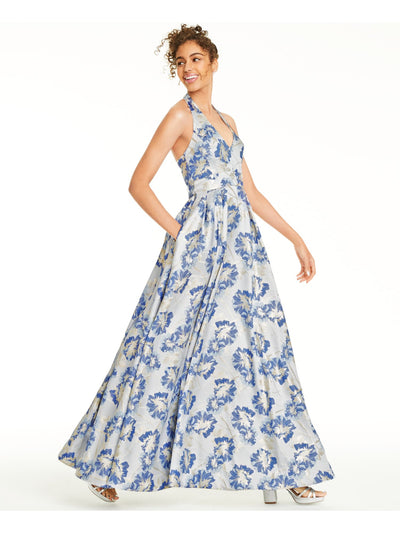 SPEECHLESS Womens Blue Floral Sleeveless V Neck Full-Length Fit + Flare Prom Dress 3