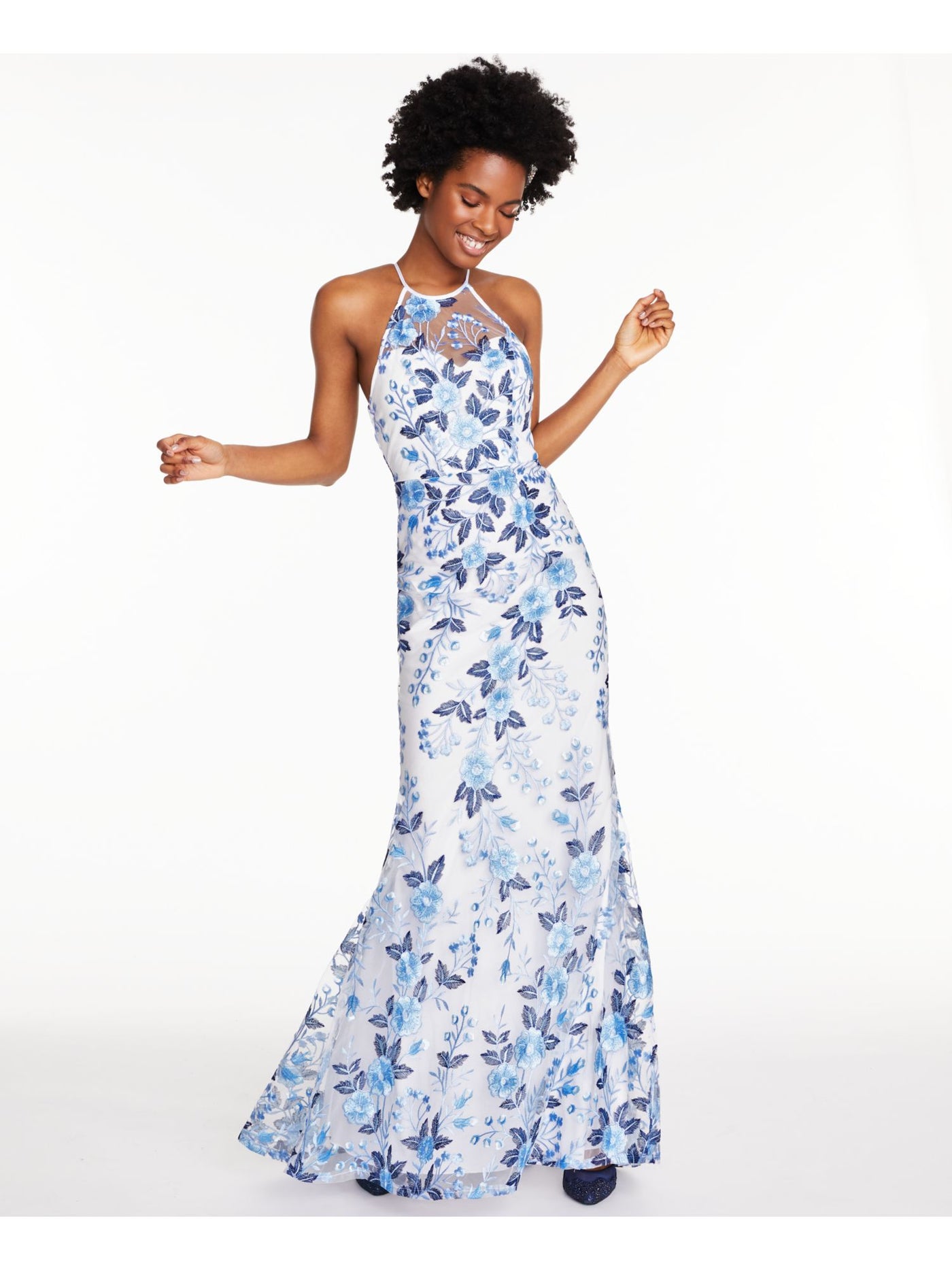 SEQUIN HEARTS Womens Light Blue Sheer Floral Sleeveless Halter Full-Length Formal Fit + Flare Dress 11