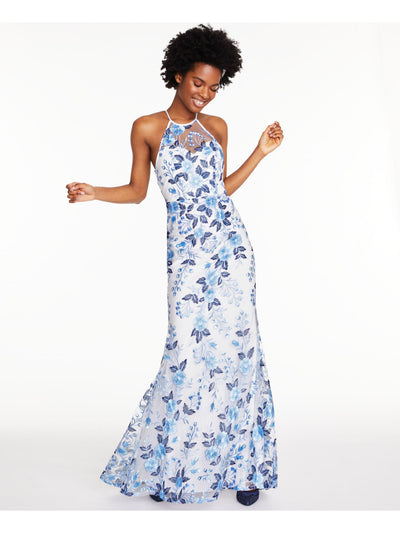SEQUIN HEARTS Womens Light Blue Sheer Floral Sleeveless Halter Full-Length Formal Fit + Flare Dress 11