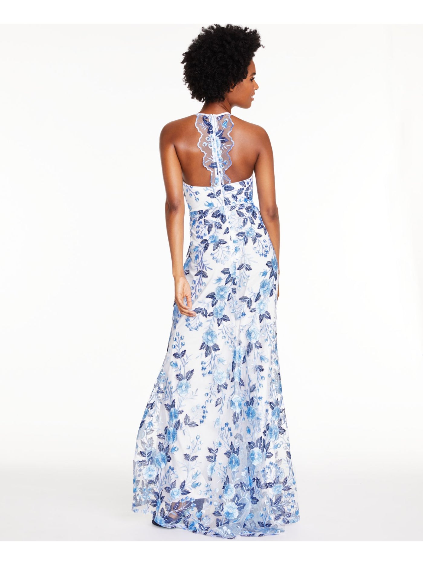 SEQUIN HEARTS Womens Light Blue Sheer Floral Sleeveless Halter Full-Length Formal Fit + Flare Dress 11