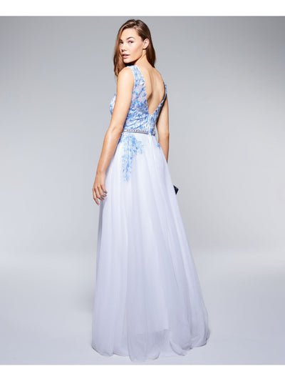 SAY YES TO THE PROM Womens Embellished Mesh Gown Sleeveless V Neck Full-Length Formal Fit + Flare Dress