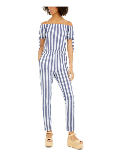 PLANET GOLD Womens Blue Tie Striped Short Sleeve Off Shoulder Skinny Jumpsuit M