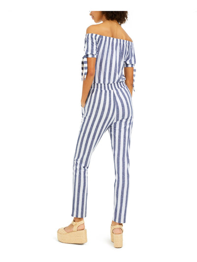 PLANET GOLD Womens Blue Tie Striped Short Sleeve Off Shoulder Skinny Jumpsuit M