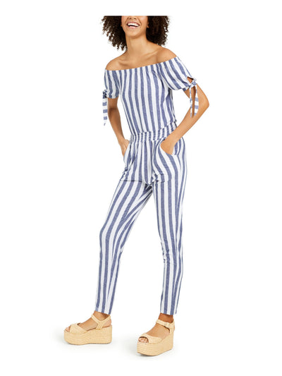 PLANET GOLD Womens Blue Tie Striped Short Sleeve Off Shoulder Skinny Jumpsuit M