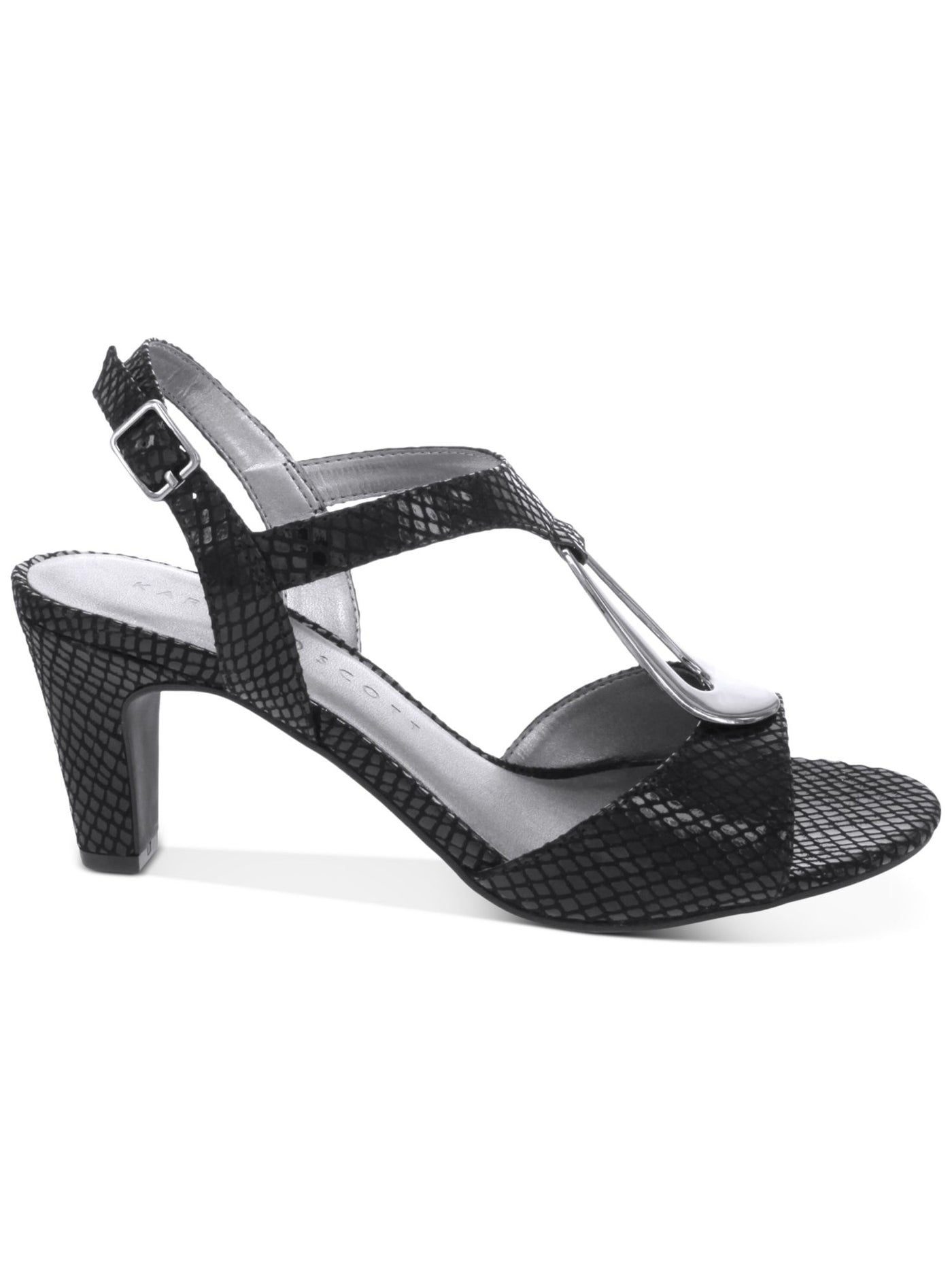 KAREN SCOTT Womens Black Patterned Hardware Detail Padded Adjustable Strap T-Strap Danee Almond Toe Block Heel Buckle Dress Sandals Shoes 9.5 M