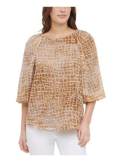 CALVIN KLEIN Womens Brown Sheer Printed Bell Sleeve Jewel Neck Top XS