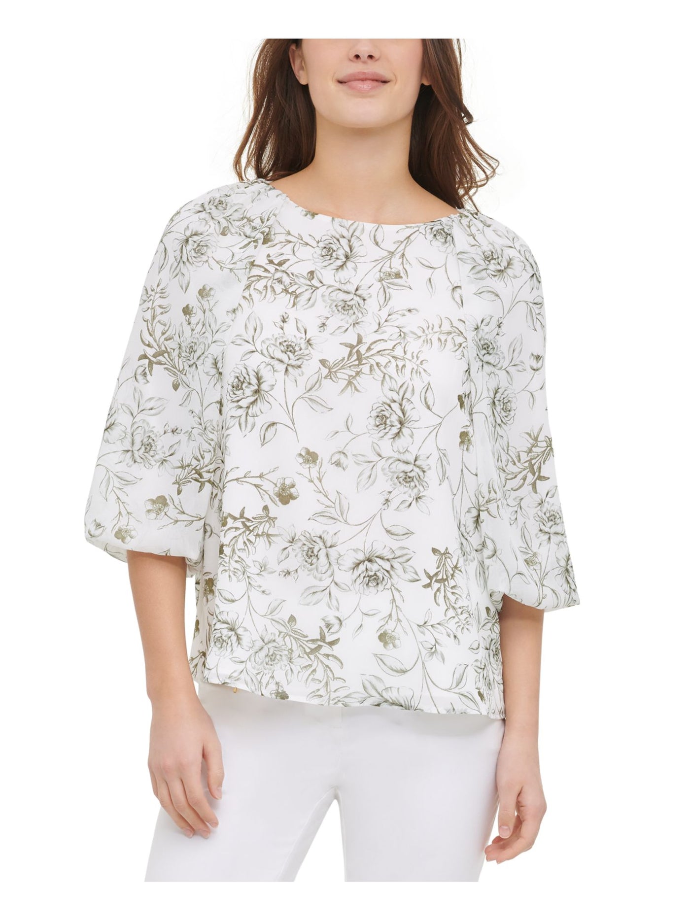 CALVIN KLEIN Womens Beige Sheer Floral Bell Sleeve Jewel Neck Top S