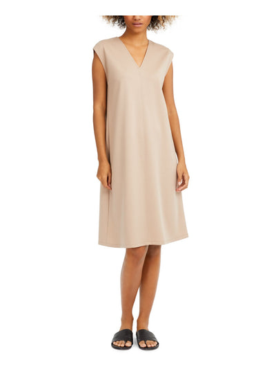 EILEEN FISHER Womens Beige Stretch Cap Sleeve V Neck Above The Knee Shift Dress M