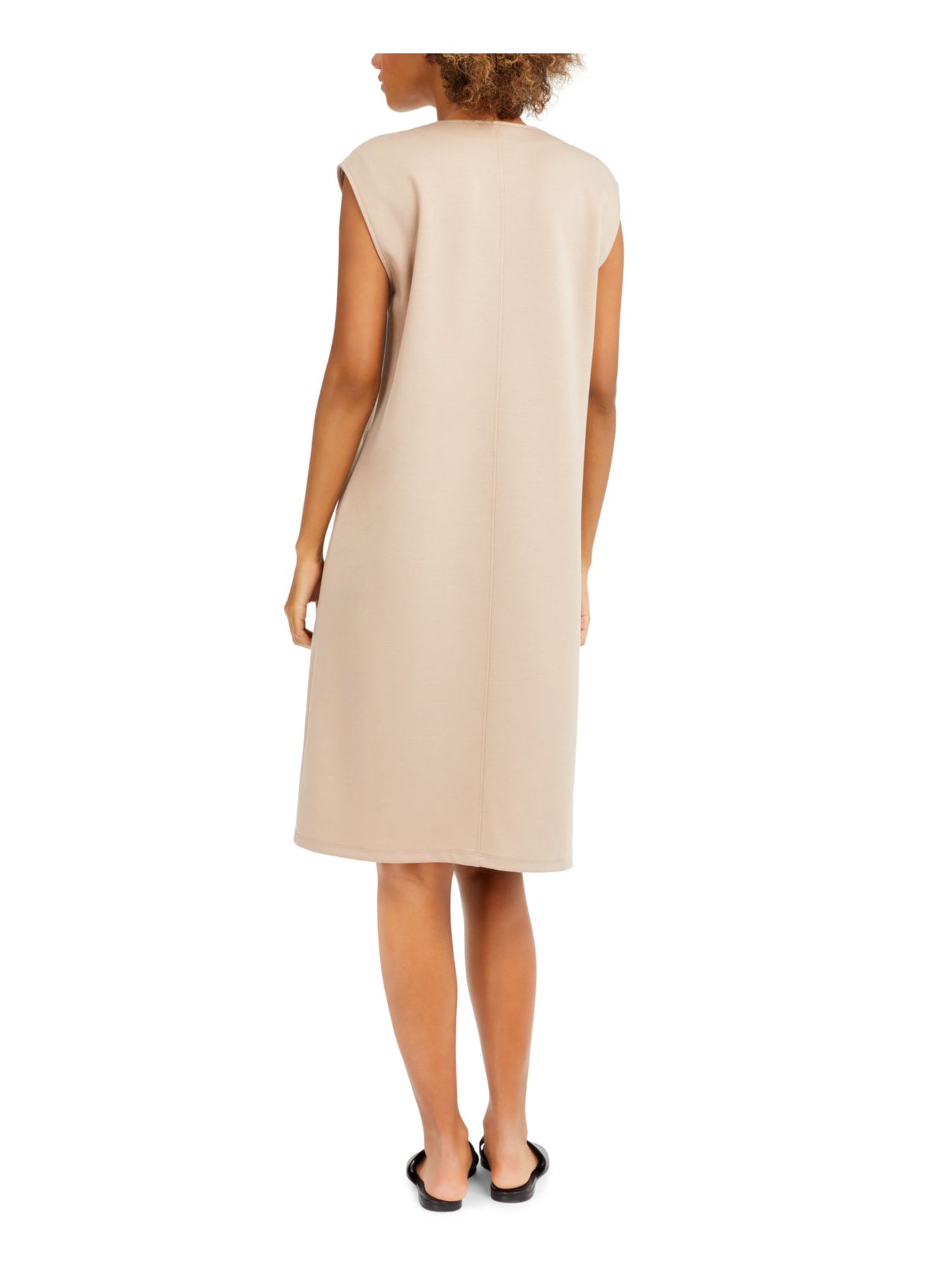 EILEEN FISHER Womens Beige Stretch Cap Sleeve V Neck Above The Knee Shift Dress M