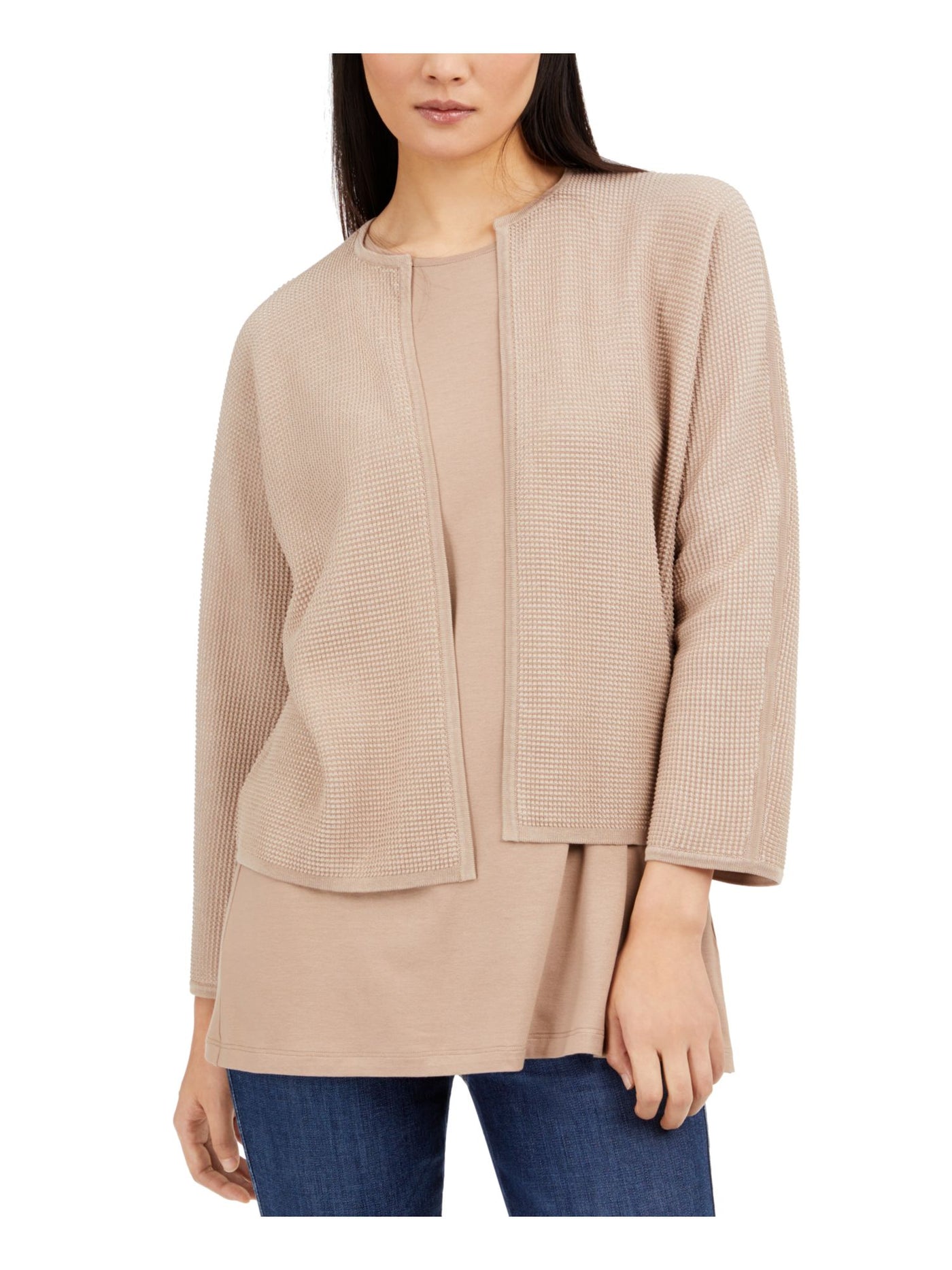 EILEEN FISHER Womens Beige Textured Braclete-sleeve Cardigan Open Front Sweater M