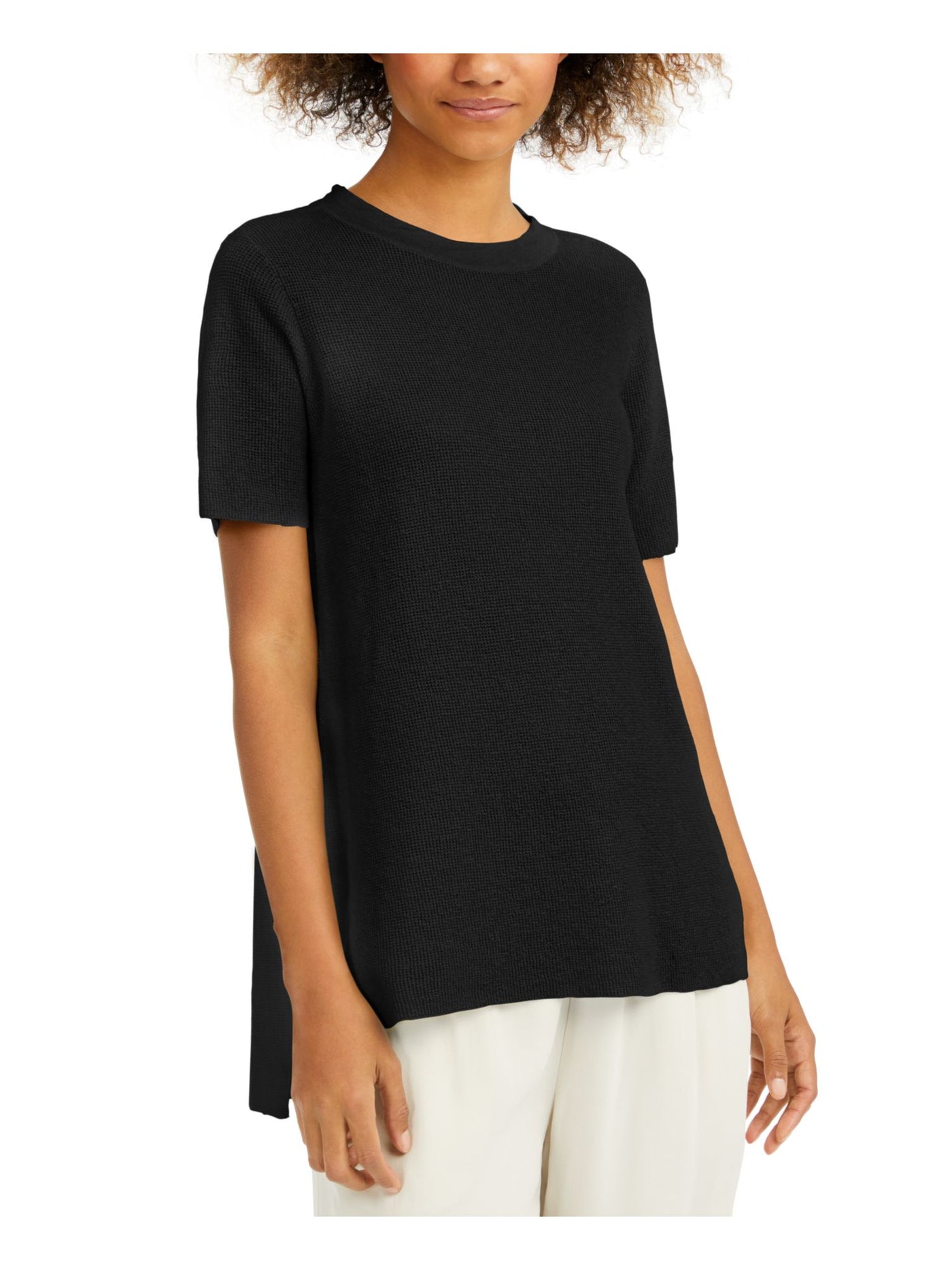 EILEEN FISHER Womens Black Knit Ribbed Hi-lo Hem Short Sleeve Crew Neck Tunic Sweater XS