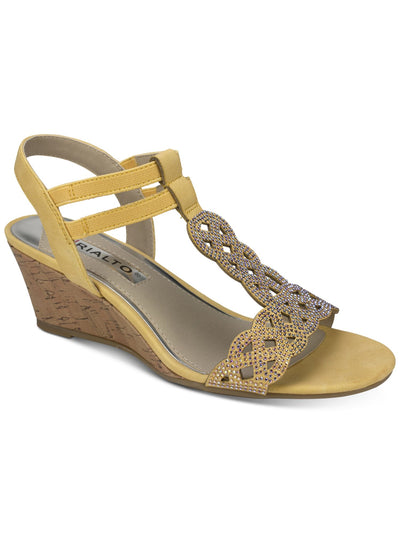 RIALTO Womens Yellow Laser Cut T-Strap Rhinestone Stretch Carta Round Toe Wedge Slip On Slingback Sandal 7.5 M