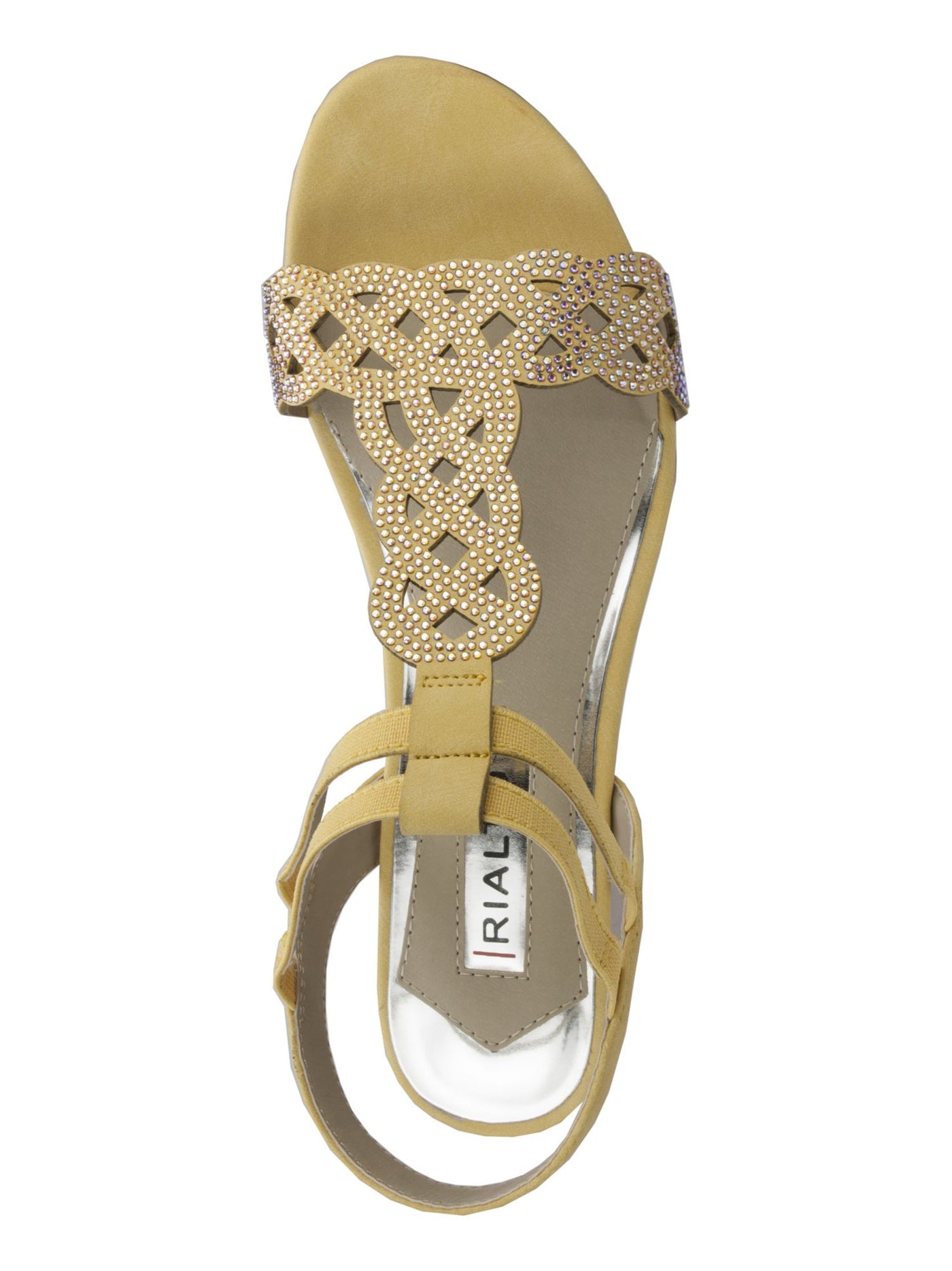 RIALTO Womens Yellow Laser Cut T-Strap Rhinestone Stretch Carta Round Toe Wedge Slip On Slingback Sandal 7.5 M