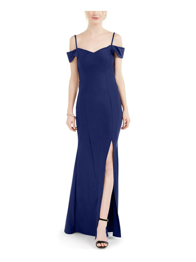 NIGHTWAY Womens Navy Cold Shoulder Crisscross Back Full-Length Evening Dress 4
