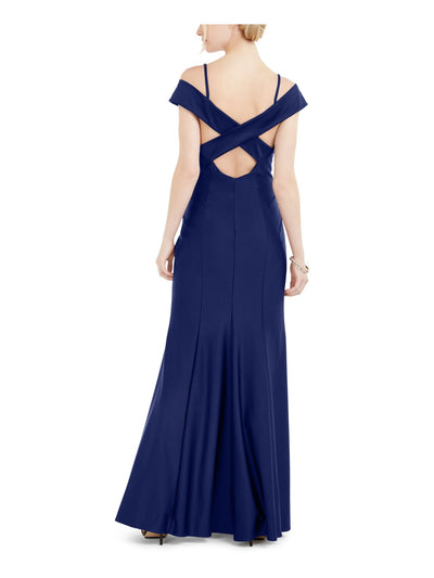 NIGHTWAY Womens Navy Cold Shoulder Crisscross Back Full-Length Evening Dress 4