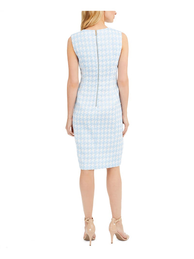 CALVIN KLEIN Womens Light Blue Zippered Houndstooth Sleeveless V Neck Above The Knee Evening Sheath Dress 10