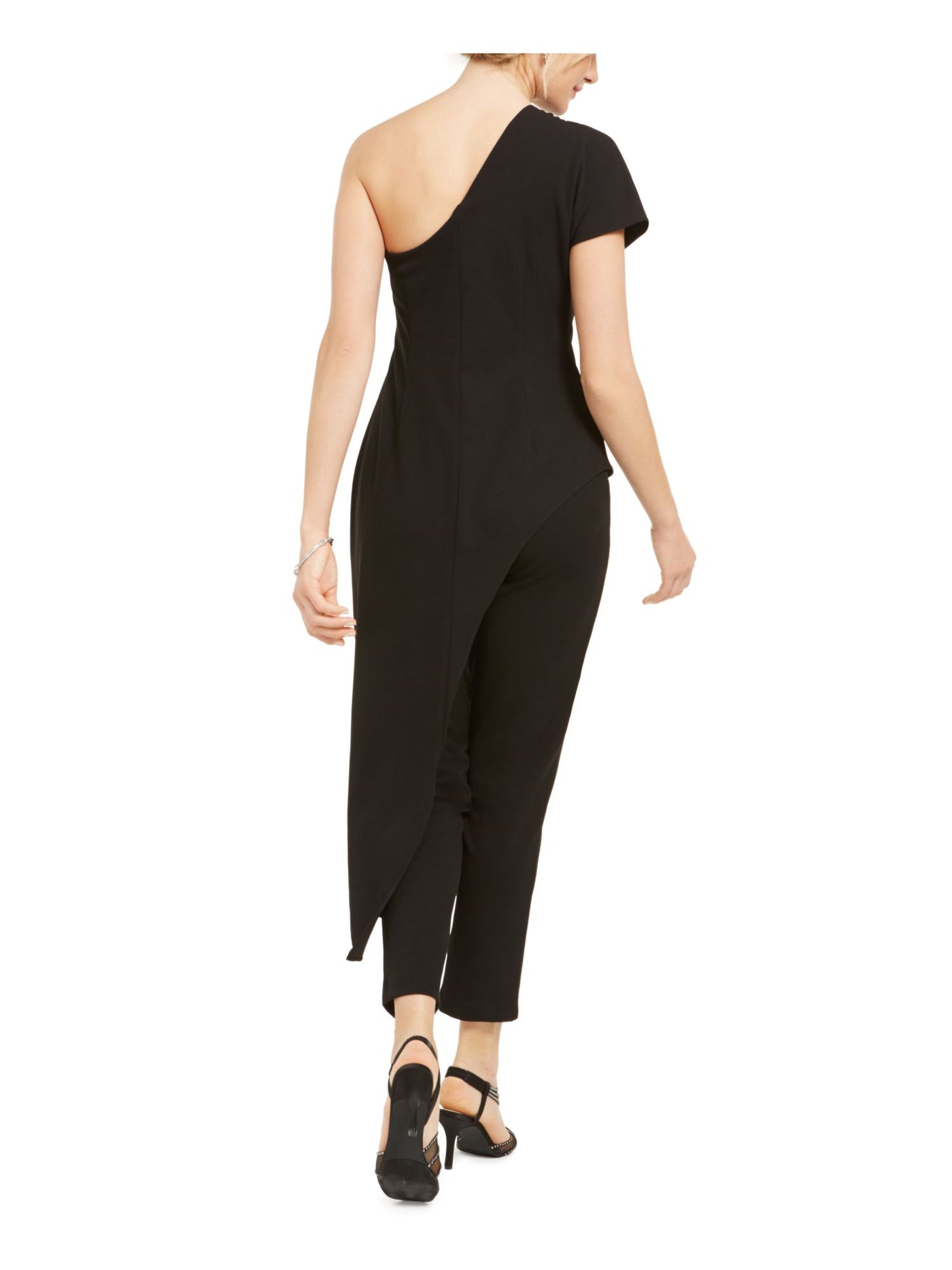 ADRIANNA PAPELL Womens Black Short Sleeve Asymmetrical Neckline Party Straight leg Jumpsuit 0