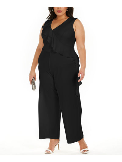 CONNECTED APPAREL Womens Black Ruffled Zippered Sleeveless V Neck Cocktail Wide Leg Jumpsuit Plus 20W