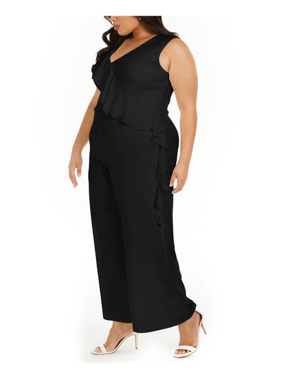 CONNECTED APPAREL Womens Black Ruffled Zippered Sleeveless V Neck Cocktail Wide Leg Jumpsuit Plus 24W