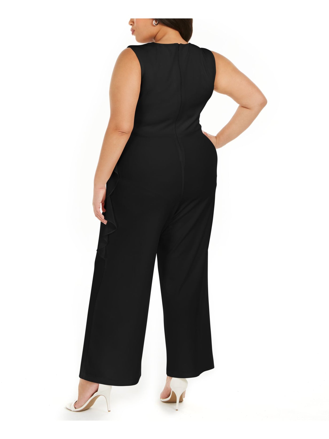 CONNECTED APPAREL Womens Black Ruffled Zippered Sleeveless V Neck Cocktail Wide Leg Jumpsuit Plus 22W