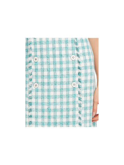 CECE Womens Teal Frayed Buttons Framed Gingham Short Pencil Skirt 8