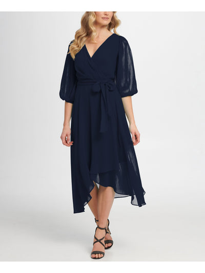 DKNY Womens Navy Zippered Sheer Lined Self Tie Waist Balloon Sleeve Surplice Neckline Midi Evening Faux Wrap Dress 6