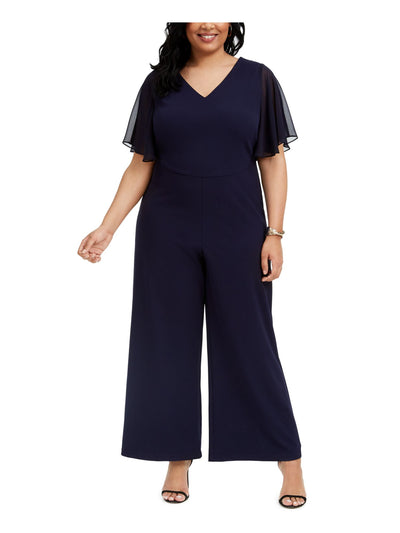 CONNECTED APPAREL Womens Navy Short Sleeve V Neck Party Jumpsuit Plus 22W