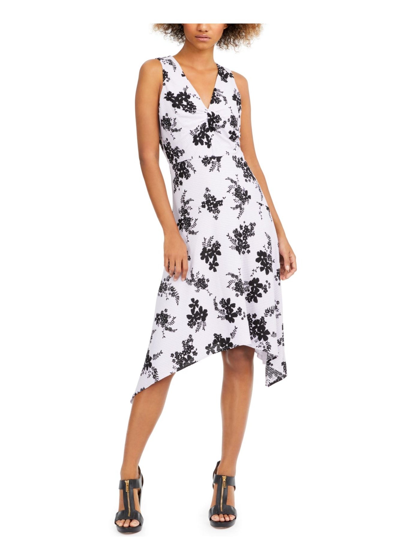 MICHAEL MICHAEL KORS Womens Purple Textured Floral Sleeveless V Neck Below The Knee Hi-Lo Dress Petites P\L