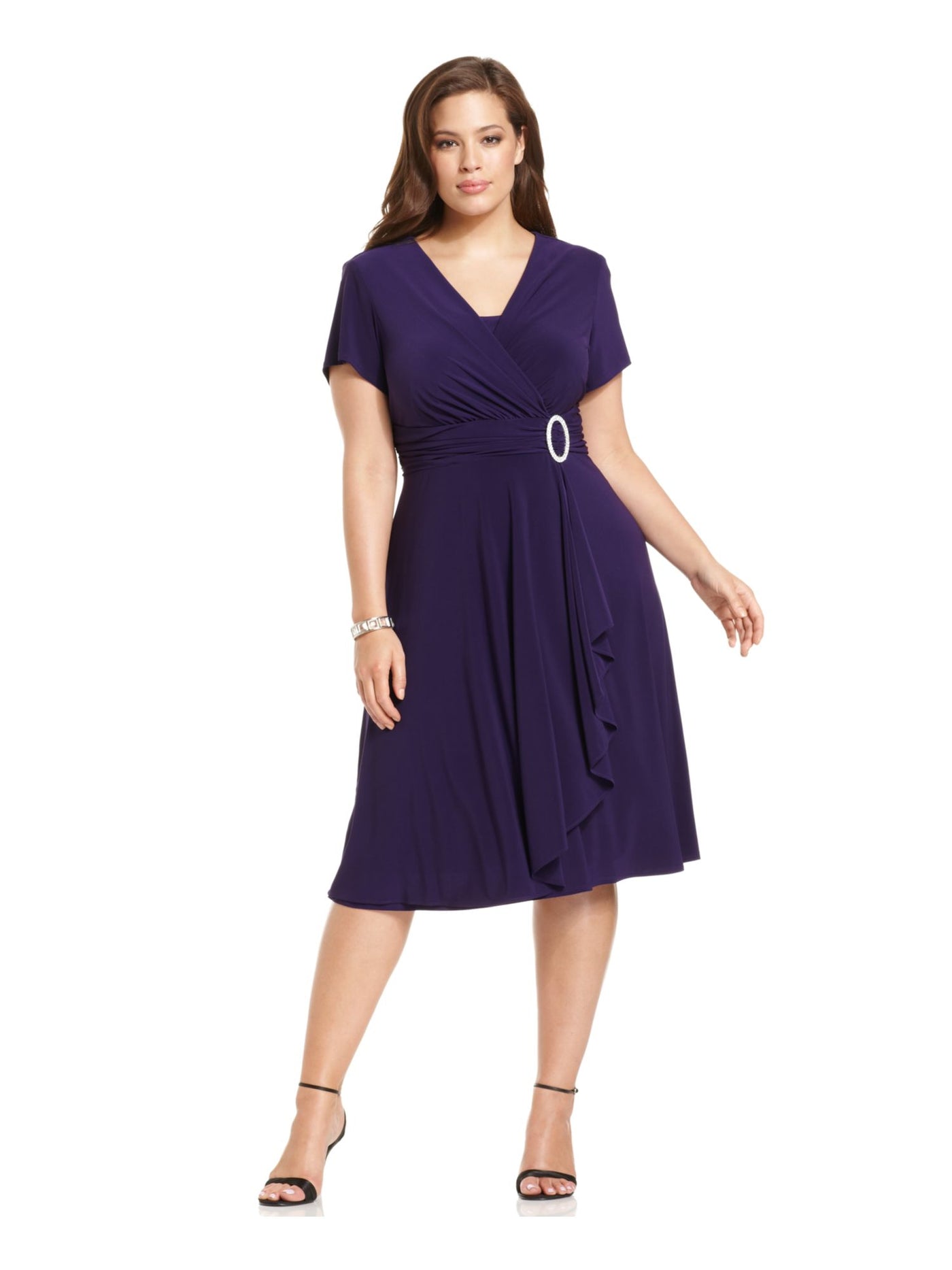 R&M RICHARDS WOMAN Womens Navy Embellished Pleated Cascade Padded Lined Short Sleeve V Neck Below The Knee Wear To Work Fit + Flare Dress Plus 14W