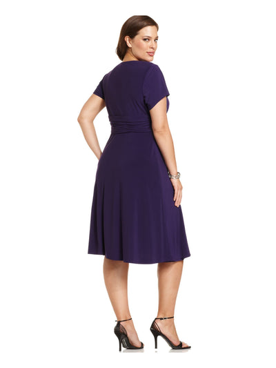 R&M RICHARDS WOMAN Womens Navy Embellished Pleated Cascade Padded Lined Short Sleeve V Neck Below The Knee Wear To Work Fit + Flare Dress Plus 14W