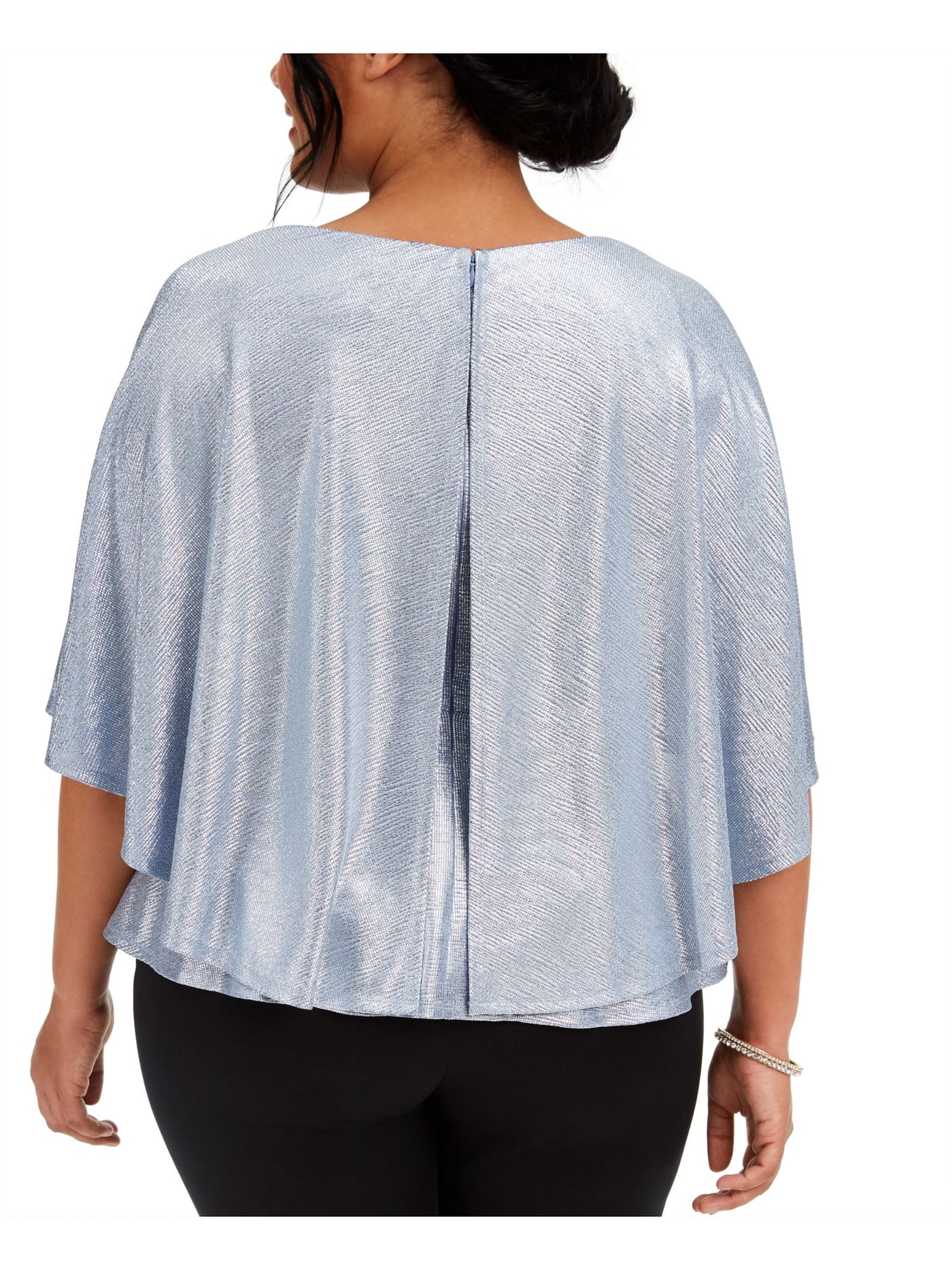 ADRIANNA PAPELL Womens Light Blue Zippered Capelet 3/4 Sleeve Scoop Neck Evening Peplum Top Petites 14P