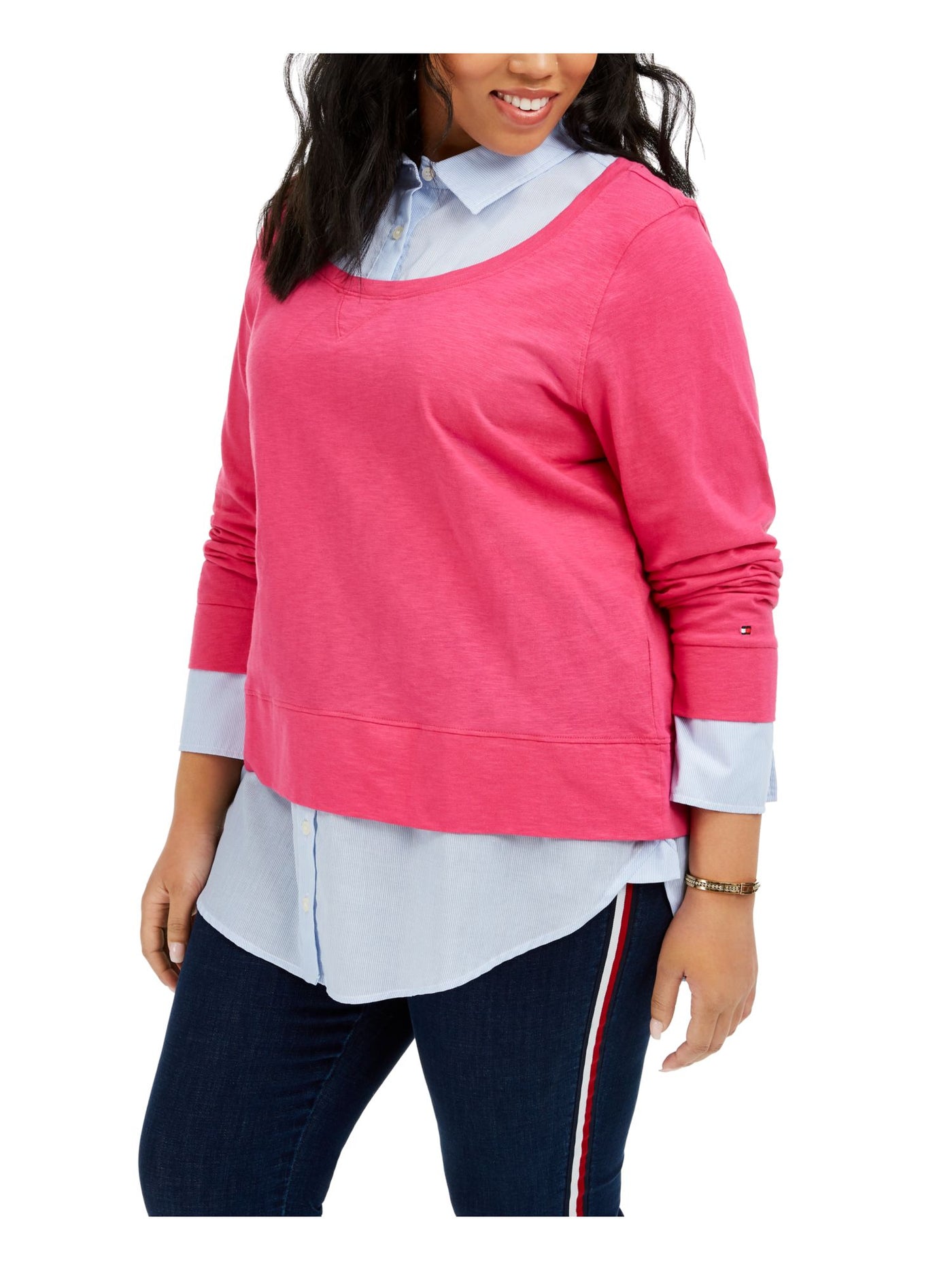 TOMMY HILFIGER Womens Pink Long Sleeve Collared Blouse Plus 2X
