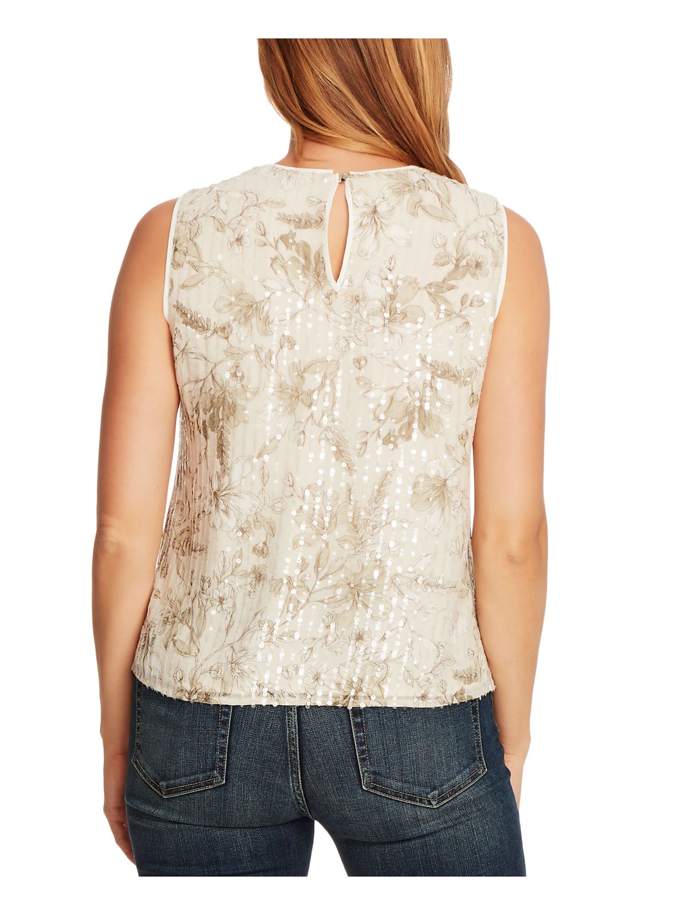 VINCE CAMUTO Womens Ivory Sequined Floral Sleeveless Jewel Neck Top XXS