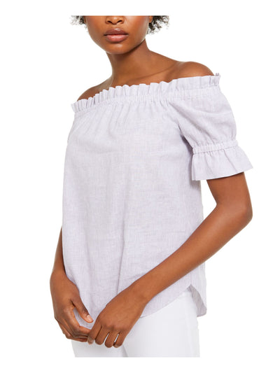 MICHAEL MICHAEL KORS Womens White Ruffled Pinstripe Short Sleeve Off Shoulder Wear To Work Top M