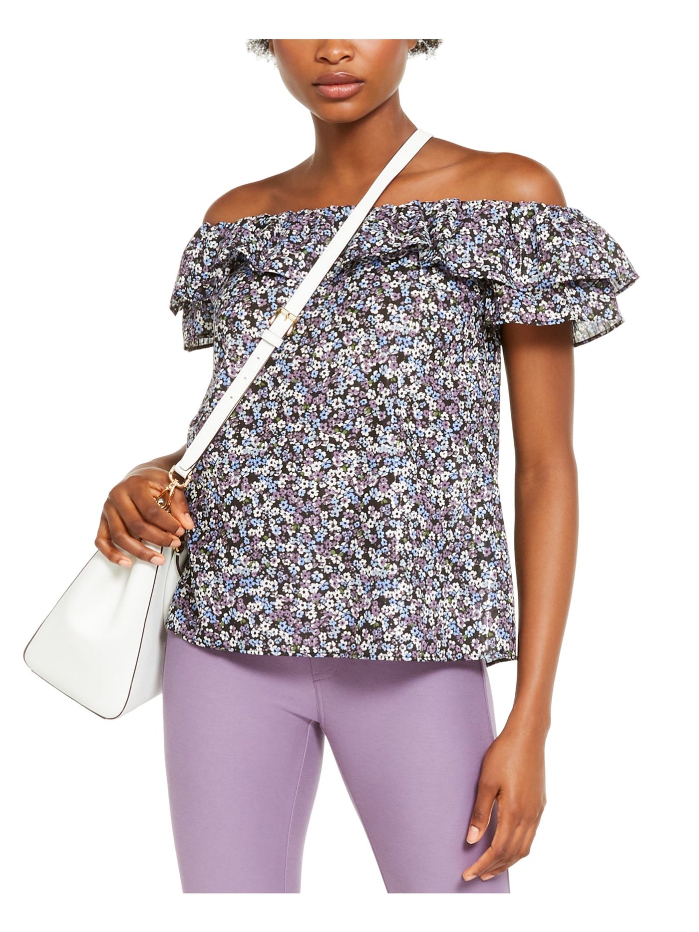 MICHAEL KORS Womens Purple Floral Off Shoulder Top XS