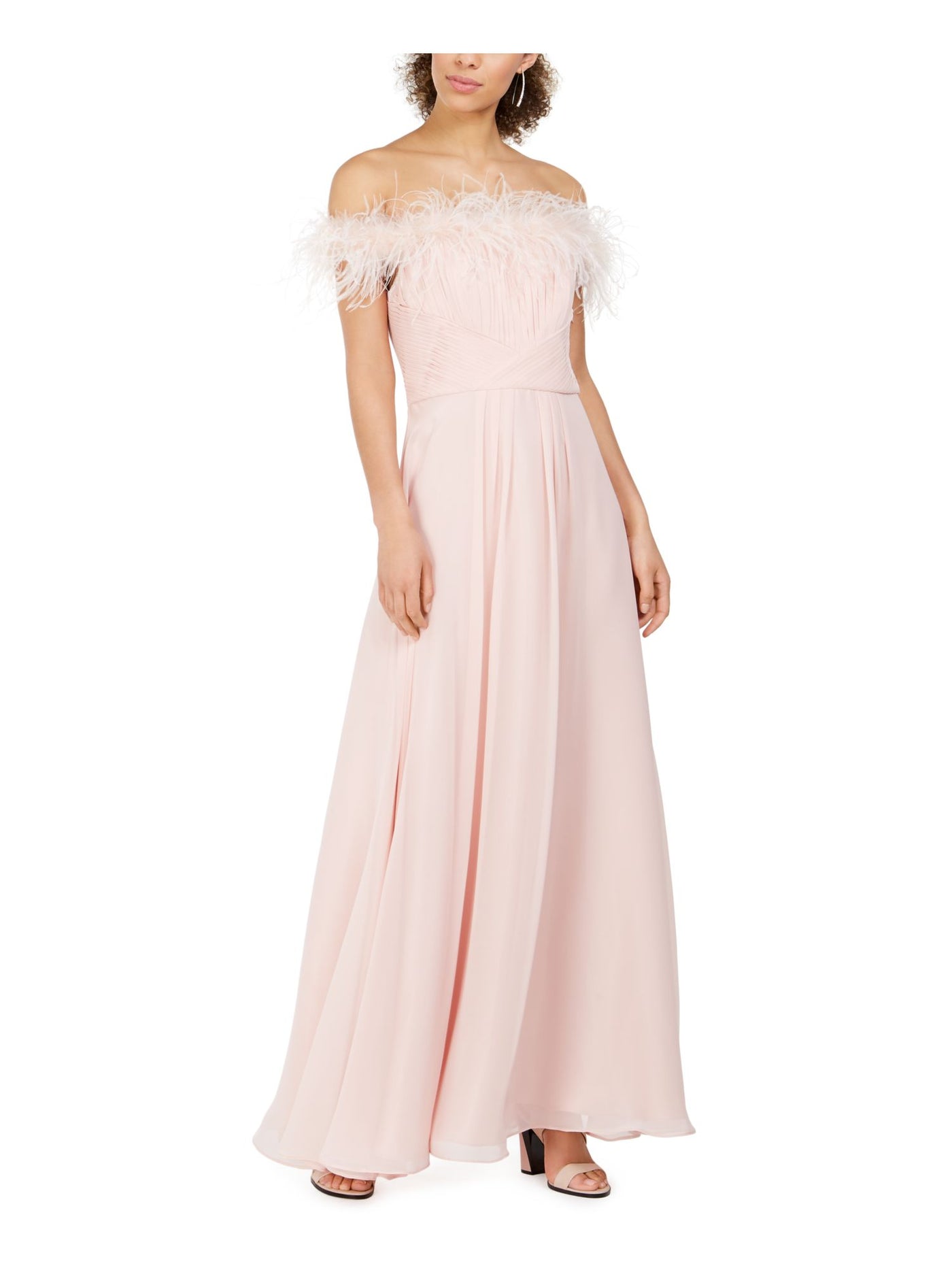 ELIZA J Womens Pink Pleated Faux-feather Off Shoulder Full-Length Evening Dress Petites 4P