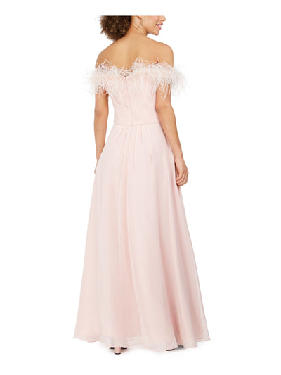 ELIZA J Womens Pleated Faux-feather Off Shoulder Full-Length Evening Dress