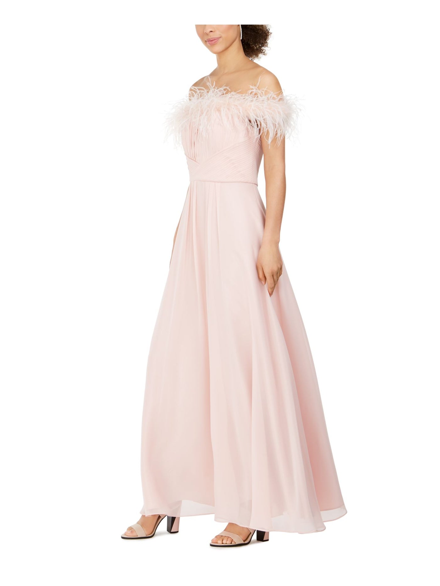 ELIZA J Womens Pink Pleated Zippered Faux-feathered Gown Off Shoulder Full-Length Formal Dress 10